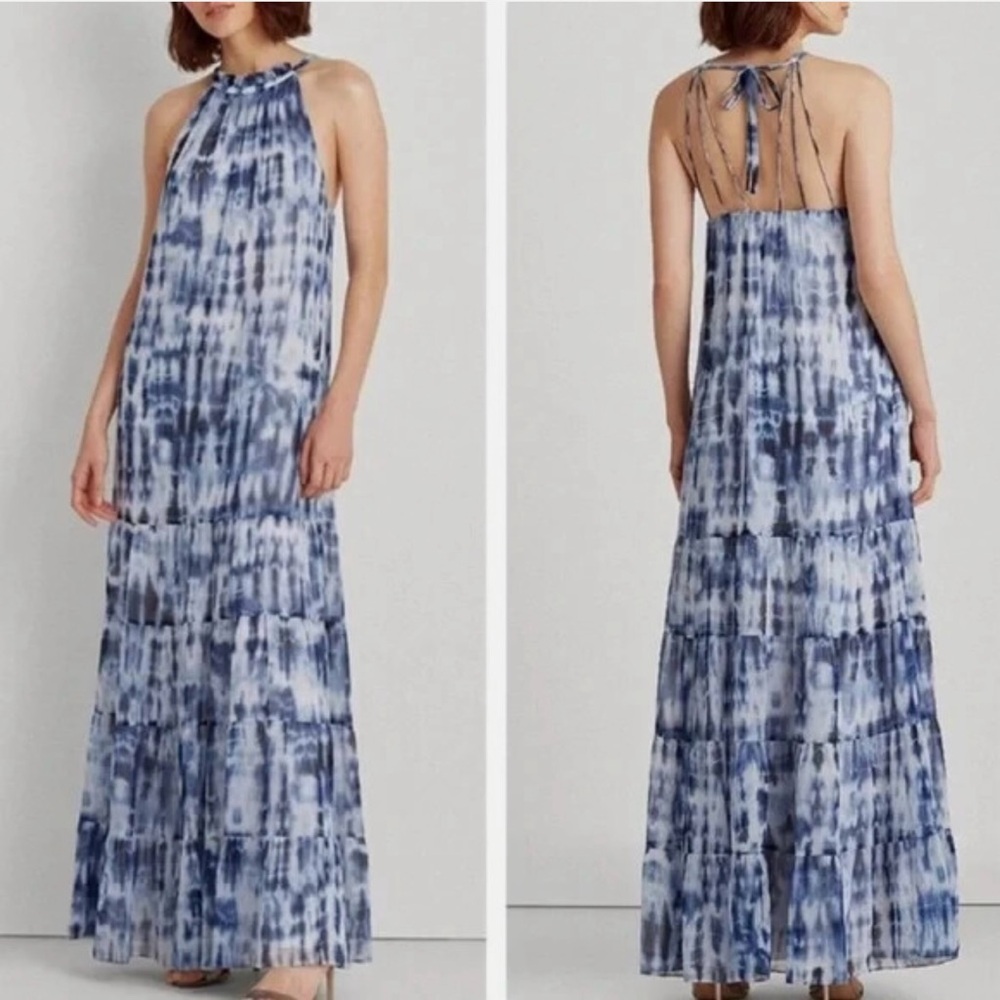 Ralph Lauren Blue and White Tie-Dye Halter Maxi Dress